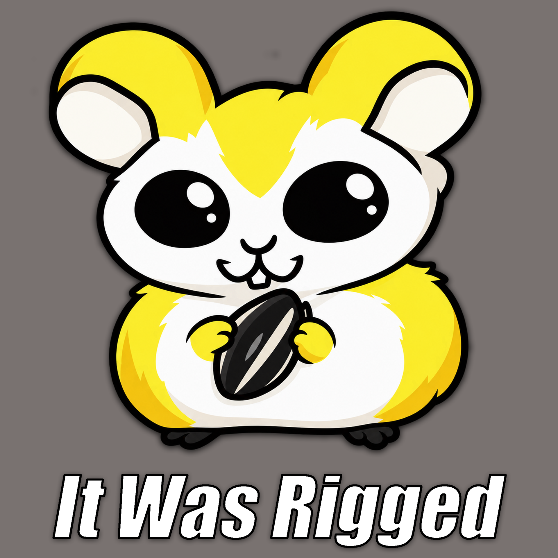 Yellow and white hamster mascot holding a black seed
